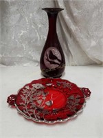 Ruby red vase & platter