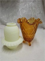 Fenton fairy lamp, amber footed vase & art glass