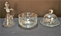 Etched Glass Vases, Cruet, Cheese Plate & Serving