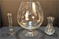 Etched Glass Centerpiece Bowl and Two Vases