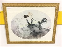 Oval painting of 2 women and a black cat