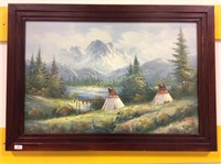 Large Framed canvas of Teepees backed by mountains