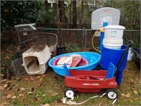 GROUP LOT, POOLS, WAGON, DOG CAGES, MISC