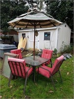 GLASS TOP TABLE/4 CHAIRS WITH UMBRELLA