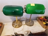 2 BRASS BASE GREEN SHADE DESK LAMPS
