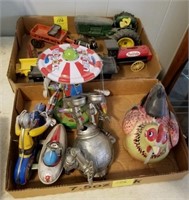 2 TRAYS OF CAST IRON AND WIND-UP TOYS