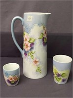 Antique Hand painted Tea Pitcher with 2 Cups