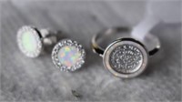 Sterling Silver Ring & Earrings w/ Opal & White