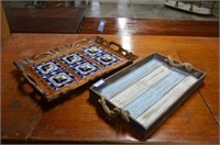 Ornately Carved Tiled Wooden Tray, and Wooden