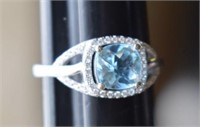 Sterling Silver Ring w/ Blue Topaz & White Stones