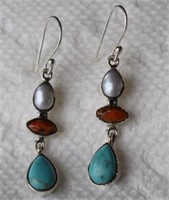Sterling Silver Earrings w/ Turquoise, Pearl, and