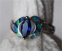 Sterling Silver Ring w/ Opal & Blue Stone