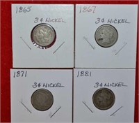 (4) Three Cent Nickel Coins