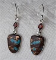 Sterling Silver Earrings w/ Turquoise & Garnets