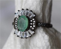 Sterling Silver Ring w/ Emerald & White Stones