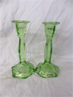 PAIR GREEN VASELINE GLASS CANDLESTICKS 7.5"T