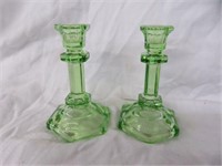 PAIR GREEN VASELINE GLASS CANDLESTICKS 5.5"T