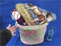 2 throw blankets & floral cloth basket