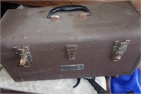 Gray metal toolbox with tray and contents