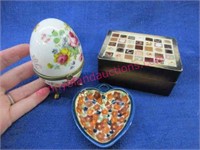trinket wooden box -procelain trinket egg -heart