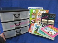 plastic 3-drawer container -crossword puzzles mags