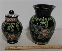 2 Black Fenton jungle scene vases