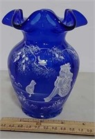 Cobalt hand-painted Fenton vase