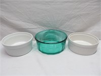 French bowls, 2 white, 1 green