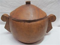 Handmade wooden bowl w. lid, crack near handle