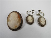 TRAY: ANTIQUE CAMEO BROOCH/PENDANT & EARRINGS