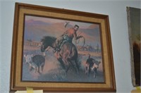 FRAMED PRINT OF COWBOY WITH CATTLE