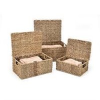 Set of 3 Rectangular Seagrass Baskets with Lids by