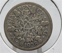 1928 SIX PENCE SILVER UK BRITISH COIN