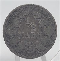 1906-G SILVER GERMAN 1/2 MARK COIN