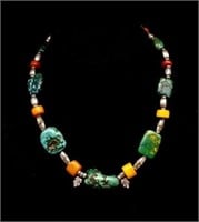 Turquoise, amber and silver beaded necklace