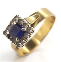 9ct yellow gold, sapphire and spinel ring
