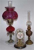 Dome clock, oil lamp & a electric table lamp