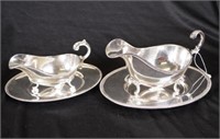 Two silver plate sauce jugs & under plates