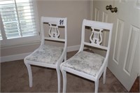 Pair of White Chairs, Upholstered Seats, Lyre