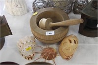 Wooden pestle and mortar plus 3 shells
