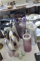 Purple & white vases, candle holders etc