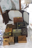 Vintage boxes, wood and tin, letter rack, blotter