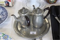 Pewter tray and 2  coffee pots