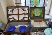 Two picnic sets with contents, one vintage.