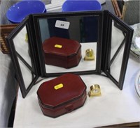 Leather mirror, miniature clock & jewelry box.
