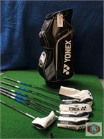 Clubs + bag. Yonex woods. Yonex dry pocket bag.