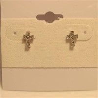 14K White Gold Diamond Cross Earrings