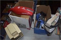 BOX LOT OF IRONS, DUST BUSTERS & ICE MAKER