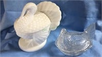 Milk glass full body turkey covered jar and a