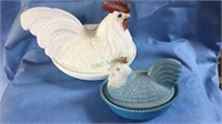 2 glass hens in a nest, large 9 inch milk glass
